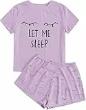 Haloumoning Mädchen Schlafanzüge Sommer Niedliche Shorts Set Bequem Kurzarm Cartoon bedrucktes Pyjama Set T-Shirt und Kurze Hose Set, Lila, 12-14 Jahre