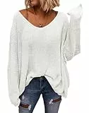 Saodimallsu Damen V-Ausschnitt Pullover Loose Fit Sweatshirt Strickpullover Langarmshirts Oversize Oberteile Weiß L
