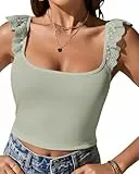 GeGekoko Damen Crop Tops Spitze Ärmellos Tank top Sexy Camisole Sommer Eng Oberteil mit Rüschen(Hellgrün, L)