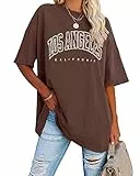Ebifin Oversize T Shirt Damen Vintage Kurzärmeliges Rundhals Los Angeles Oberteile Tops Casual Lockere Basic Sommer Tee Shirts Bluse.Kaffeefarben.XXL