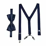 Massi Morino Hosenträger mit Fliege Dunkelblau Set für Herren und Damen I Y-Form Träger elastisch mit extra starken Clips - 3,5cm breit - längenverstellbar I Vorgebundener Schlips für Anzug