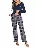 Bresdk Schlafanzug Damen Lang Pyjama Winter Warm Baumwolle Nachtwäsche 2-teilig Hausanzug Marineblau S