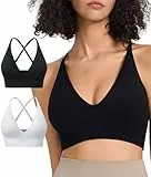 Atxnn Sport BH Damen Verstellbarer Riemen Casual Yoga Bra Tiefer V-Ausschnitt Bustier Gering Halt Spaghetti Top Crossback ohne Bügel 2 Pack