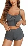 Avidlove Damen Pyjama Set V-Ausschnitt Schlafanzug Sommer Pyjamas Sets Ärmellos Spaghettiträger Sleepwear kurz Spitze Camisole Dessous Sexy Nachtwäsche Grau M