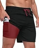 Zzkouine Badehose für Herren 2 in 1 Badeshorts Männer Schwimmhose mit Reißverschlusstasche Badehosen Kurz Herren Shorts, Schwarz S