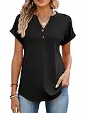 StylSense Tshirt Damen Sommer Baumwolle V Ausschnitt Bluse Kurzarm Tunika T Shirt Damen Elegant Oversize Oberteile Basic Tops mit Knöpfen