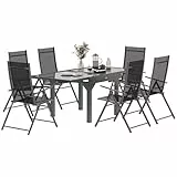 Outsunny 7-teiliger ausziehbarer Gartentisch mit Stühlen, Esstisch-Set mit Glasplatte, 6 klappbare Gartenstühle mit Armlehnen, Möbel-Set aus Stahl und Textilene, grau