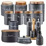 KHG Vorratsdosen Set für die Küche in Anthrazit-Grau mit Holz-Deckel, Vorratsdosen Keramik Steingut poliert, mit Beschriftung, Aufbewahrung Küche Organizer Set, plastikfrei & lichtgeschützt