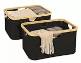 WENKO Korb Mod. Ecori im 2er Set, Faltbare Aufbewahrungskörbe, 28 Liter, Rahmen aus FSC®-zertifiziertem Bambus, Textil aus recyceltem Polyester, 40 x 21,5 x 33, Natur/Schwarz