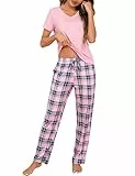 Bresdk Schlafanzug Damen Baumwolle Zweiteilig Pyjama Set mit Kurzarmshirt & Lang Schlafanzughose Komfort Nachtwäsche Loungewear für Frauen