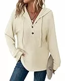 Tanmolo Pullover Damen Hoodie V-Ausschnitt Kapuzenpullover Knopfleiste Leichter Strickpullover Langarm Sweatshirt Tops Creme, M