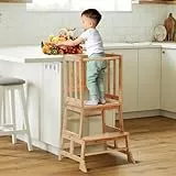 COSYLAND Lernturm ab 18 Monaten - Lernstuhl für Kinder aus Bambus - mit Kippschutz, rutschfesten Matten, 2 Stufen und Sicherheitsbügel - für Bad, Kleinkinderzimmer, Küche - Bambusfarbe