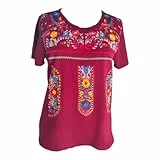 MAVIS LAVEN Damen Sommer Boho Stickerei Mexikanisch Bohemian Tops Halbarm V-Ausschnitt Shirt Tunika Blusen Tuniken Tops(1-Wein Rot,Medium)