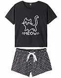 MyFav Sommer-Schlafanzug für Damen, 2-teilig, süße Katze, Schlafanzug, Schwarz