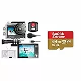 Exprotrek Action Cam,4K 30fps Ultra HD, 30m 100Fuß wasserdichte Unterwasserkamera, 2 Akku und Helmzubehör-Kit & SanDisk Extreme microSDXC UHS-I Speicherkarte 64 GB + Adapter