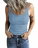 Fessceruna Damen Tops Sexy U-Ausschnitt Tank top Ärmellos Sommer Oberteile Gerippt Camisole mit Knöpfen(Hellblau, M)