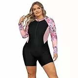Odizli Badeanzug Damen Große Größe für Mollige Frauen Sport Bauchweg Schwimmanzug mit Bein Kurzarm/Ärmellos Blumen Druck Neopren Kurz Neoprenanzug Rashguard Surfer Bademode Surfanzug Rosa 3XL