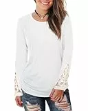 WIHOLL Langarmshirt Damen Langarmshirts Sweatshirt Pullover Oversize Tunika Elegant Strickpullover Rundhals Spitzen Weiss M