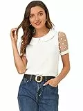 Allegra K Damen Puffärmel Vintage Bubikragen Oberteil Mesh Polka Punkte Top Bluse Weiß L
