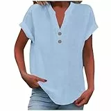 KOG Damen Tshirts Fashion Leinenshirt Tee Shirt Retro Kurzarm Oberteile Frau Tunika Große Größen Leinen Bekleidung Teenager Rundhals Freizeit T-Shirts Himmelblau XL