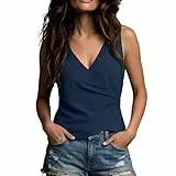 ZWDC Damen Tank Top V-Ausschnitt Oberteil Ärmellose Bluse Sommer Casual Tunika Weste Slim Fit Chic Ästhetik Wickeldesign Ohne Arm Einfarbig Klassisch Hemd für Freizeit Urlaub
