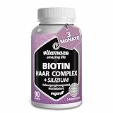 Vitamaze Biotin Komplex mit Silizium, Zink, Selen, 1 Kapsel pro Tag, 90 vegane Kapseln für 3 Monate, Vitamine für Haare, Haut & Nägel, Nahrungsergänzung ohne Zusatzstoffe, Made in Germany