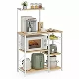 VASAGLE Bäckerregal, Mikrowellenständer, Küchenregal mit Drahtkorb, 6 Haken und Ablagen, für Gewürze, Töpfe und Pfannen, Goldene Eiche und Wolkenweiß UKKS035W09