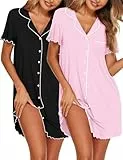 Ekouaer 2er Nachthemd Damen Kurzarm Sommer Schlafshirt V-Ausschnitt Stillnachthemd mit Knopfleiste Atmungsaktiv Sleepshirts Nachtwäsche mit Brusttasche Schwarz/Dunkelrosa L