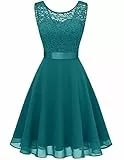 Berylove Damen Spitzenkleid Brautjungfer Elegant Party Knielang Cocktailkleid Chiffon Ärmellos BLP7005 B-Peacock Green 3XL