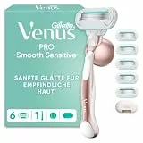 Gillette Venus Pro Smooth Sensitive Rasierer Damen, Metall, Rosegold - Damenrasierer für Empfindliche Haut, Inkl. 6 Rasierklingen für Nassrasierer, Metallhandstück, Duschhalterung Und Reiseschutzkappe