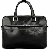 Time Resistance Aktentasche Leder Laptoptasche mit Schultergurt - Handgefertigt in Italien - Arbeitstasche - Businesstasche - Umhängetasche - Schwarz