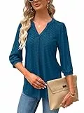 Damen Bluse Elegant V-Ausschnitt 3/4 Ärmel T-Shirts Oberteile Lässige Tunika Kurzarm Shirt Blusen Casual Solide Tops Longshirt für Sommer Hemdbluse Marineblau L