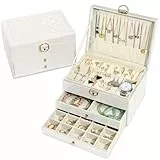 Granbest 3 Schichten Schmuckkästchen mit 2 Schubladen, Elegante Schmuckkasten, Leder Schmuckbox Ideal für Halsketten, Armbänder, Ringe und Ohrringe (Weiß)