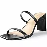 Leevar Sandalen mit quadratischem Zehenbereich – weiß-schwarze Nackt-Absätze, klobige zwei Riemen, niedrige Absätze für Damen, Leder, Pantoletten, Schlupfschuhe, Blockabsätze