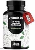 Vitamin D3 20000 IE hochdosiert - 365 Tabletten - Vitamin D Unterstützung für Immunsystem & Knochen, vegetarisch & produziert in Deutschland - Laborgeprüft