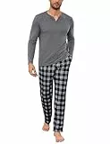 Bresdk Schlafanzug Herren lang Baumwolle Winter Pyjama Set aus Langarm V-Ausschnitt Oberteil und Karierte Pyjamahose Hausanzug Herren Kuschelig Grau XL