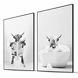 BLCKART Edle Hochland Kuh Wandbilder Lustige Badezimmer Deko - 2x DIN A3 - Schwarzweiß Hochlandrind Bilder Bad Deko Poster Set (2x DIN A3 | 29,7 x 42 cm)