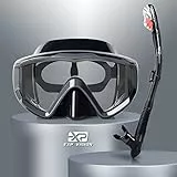 Trockenschnorchel-Set, Pano 3-Fenster-Schnorchelmaske, Anti-Fog-Taucherbrille und Schnorchel, professionelle Schnorchelausrüstung für Erwachsene (A-Schwarz) (Grau)