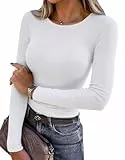Aottori Langarmshirt Damen Rundhalsausschnitt Oberteil Figurbetontes Elegant Rippshirt Dünn Eng Casual Tops für Alltag Frühling Herbst Weiß M