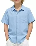 Arshiner Jungen Hemden Leinen Sommer Kinder Leichtes Kurzarmshirt Freizeit Komfort Hemd für Jungen 7-8 Jahre Blau