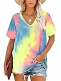 MOLERANI Damen T-Shirts Kurzarm V-Ausschnitt Sommer Tops Lässig Lose T-Shirt Gefärbt Rosa Gelb Größe XL