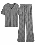 UMIPUBO Schlafanzug Damen Pyjamas Nachtwäsche Set Zweiteiler Sommer Elegant 2-Teilig Loungewear Lang Elastischer Pyjamahose und Shirt Leichter Hausanzug (Grau, M)