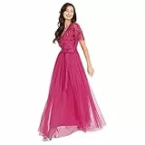 Maya Deluxe Damen Womens Maxi Dress Ladies Ball Gown for Wedding Guest Embellished Tie Waist V Neck Bridesmaid Prom Evening Occasion Kleid, Fuchsia, 36