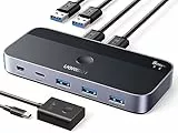 UGREEN USB Switch 2PC mit 1C3A 3.0 Ports, 2 In 4 Out USB Umschalter KVM Switch Alugehäuse mit Desktop-Kontroller, 2*A auf A Kabeln für Tastatur, Maus, Drucker, Scanner usw.