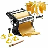 ROSSETTO Manuelle Nudelmaschine mit Trockner und Saugnapf, Edelstahl Pastamaschine mit, 9 Teigstärken, 2 Schnittbreiten, Für Lasagne, Spaghetti, Fettuccini, Ravioli-Ausstechern