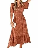 BebreezChic Sommerkleid Damen Lang Boho Elegant Kurzarm V-Ausschnitt Hohe Taille Swiss Dot Gerafft Blumen Strandkleid Maxikleid, Karamell L