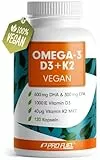 Omega-3 vegan + D3 & K2 (120x), 1100mg Algenöl mit 600mg DHA & 300mg EPA + 1000 IE Vitamin D3 + 40 µg Vitamin K2 - O3 D3 K2 vegan Essentials - Omega-3 Kapseln hochdosiert, bioverfügbar & laborgeprüft