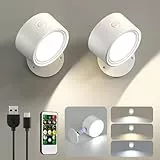 LED Akku Wandleuchte Innen, 2 Stück Wandlampe ohne Stromanschluss Wandlichter, 3 Farbmodi Kabellose Nachttischlampe mit Fernbedienung, 360° Aufladbare Wand Lampe für Kinder Wohnzimmer Schlafzimmer