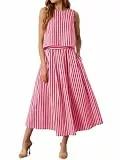 Tankaneo Damen 2-teiliges Rock-Set, Sommer, gestreift, ärmellos, Tank-Tops, Midi-Kleid, Reisen, Urlaub, Outfits, passende Sets, rubinrot, Klein