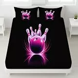 Fitted Sheet 3 Pieces European Double Size Pink Purple Bowling Balls Realistic Pins - Reversible Bed Sheets 140 x 200 cm Deep Pocket Bottom Sheet Second Bedroom, Youth Gaming Room